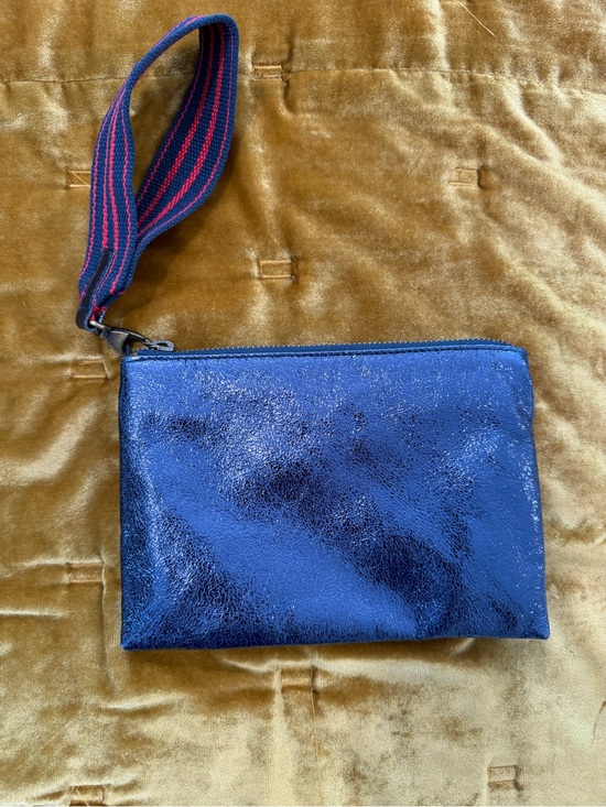 Anthropologie Handbags - Anthropologie Metallic Navy Wristlet with Striped Strap